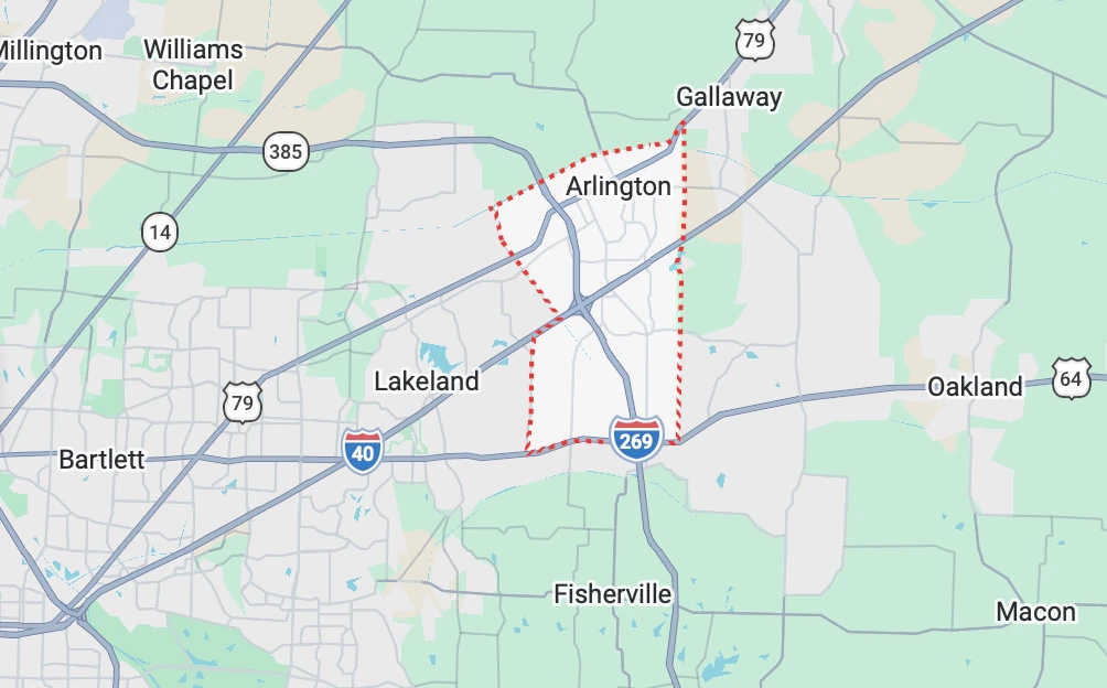 Map showing Arlington, Tennessee and surrounding communities