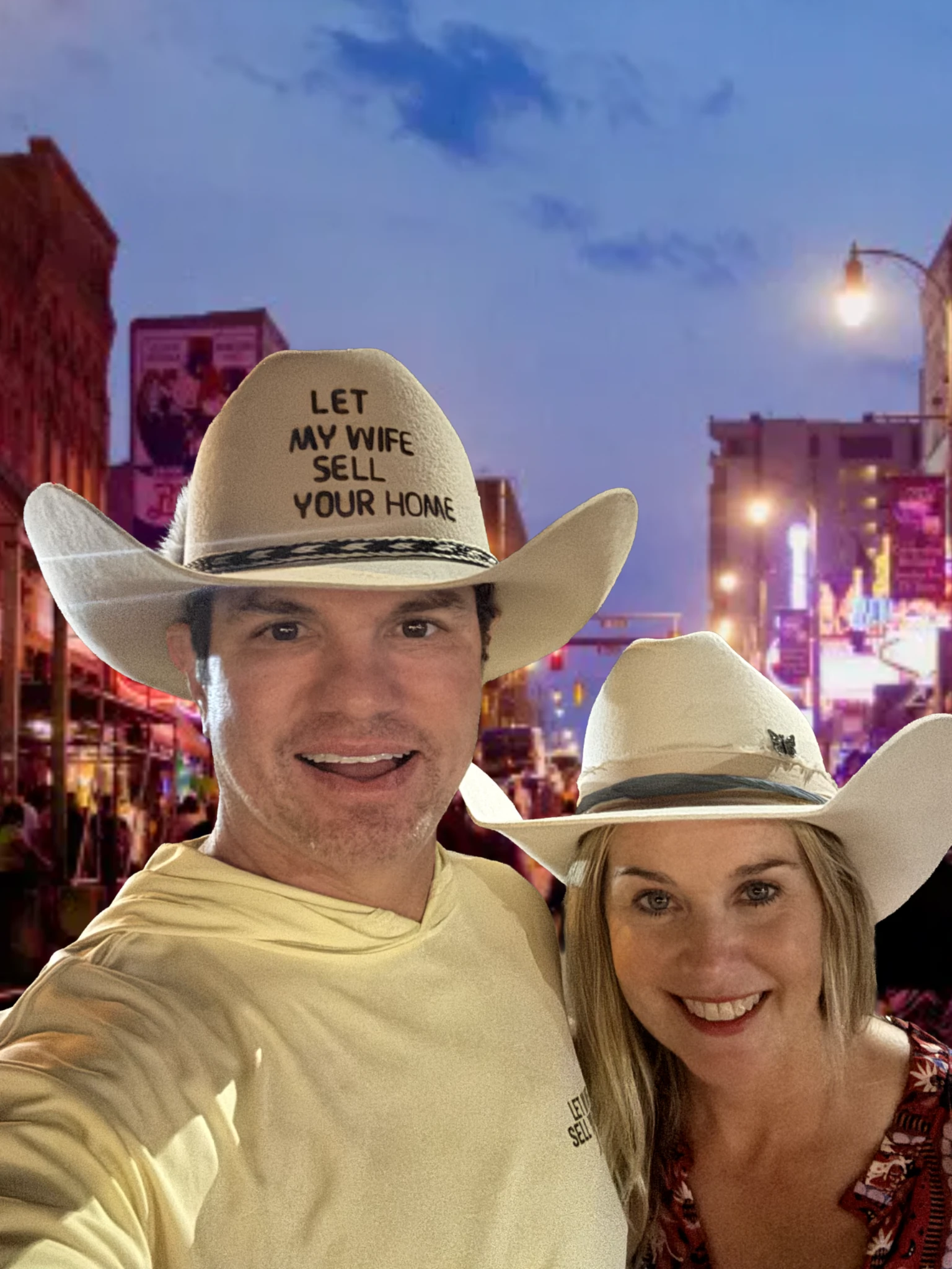 Jessica Brown and her husband wearing cowboy hats for Let My Wife Sell Your Home